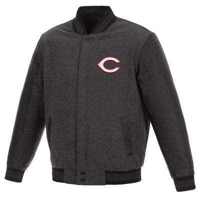Cincinnati Reds Varsity charcoal Wool & Black Leather Sleeves Men's Jacket