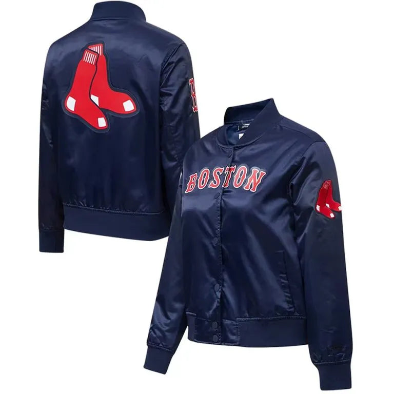 Boston Red Sox Navy Blue Satin Full-Snap Bomber Men's Jacket