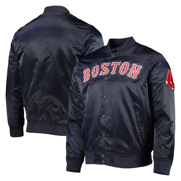Boston Red Sox Wordmark Navy Blue Satin Full-Snap Men's Bomber Jacket