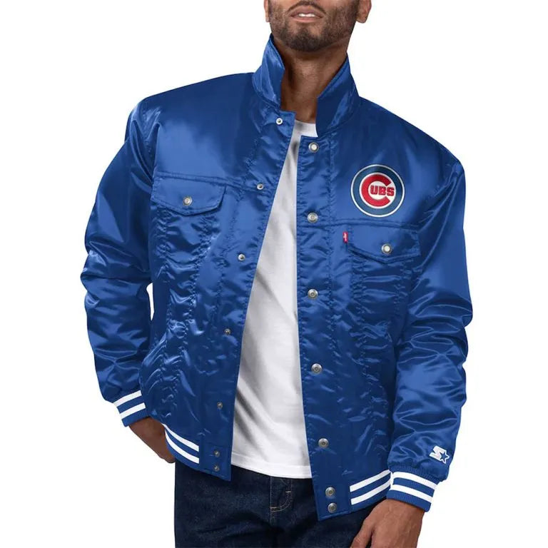 Chicago Cubs Silver Tab Trucker Full-Snap Royal Blue Satin Men's Jacket