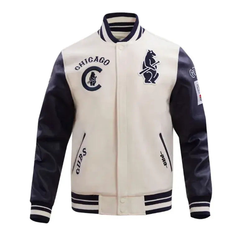 Chicago Cubs White Wool & Black Leather Sleeves Varsity Men's Jacket