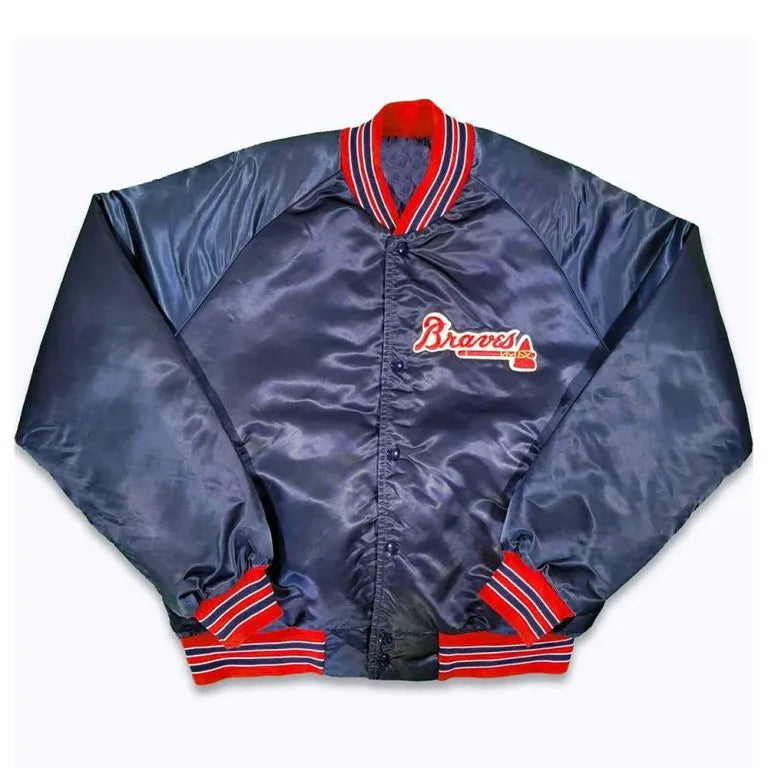 Atlanta Braves 80’s Full-Snap Navy Satin Bomber Men's Jacket
