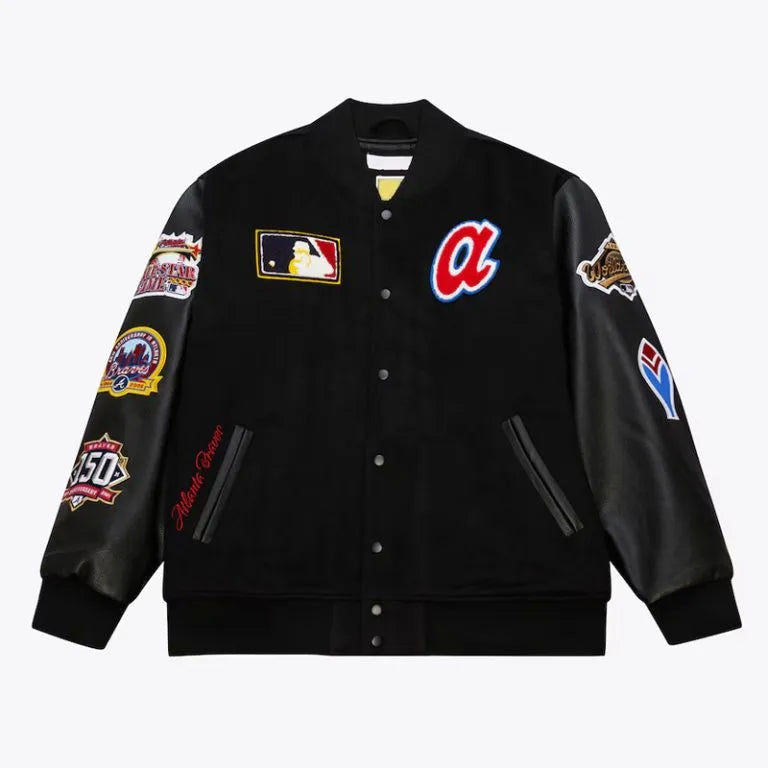 Atlanta Braves Black Out Wool & Leather Sleeves Vintage Logo Full-Snap Varsity Men's Jacket