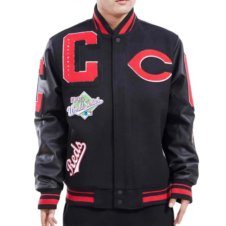 Cincinnati Reds Mash Up Black Wool and Leather Varsity Men's Jacket