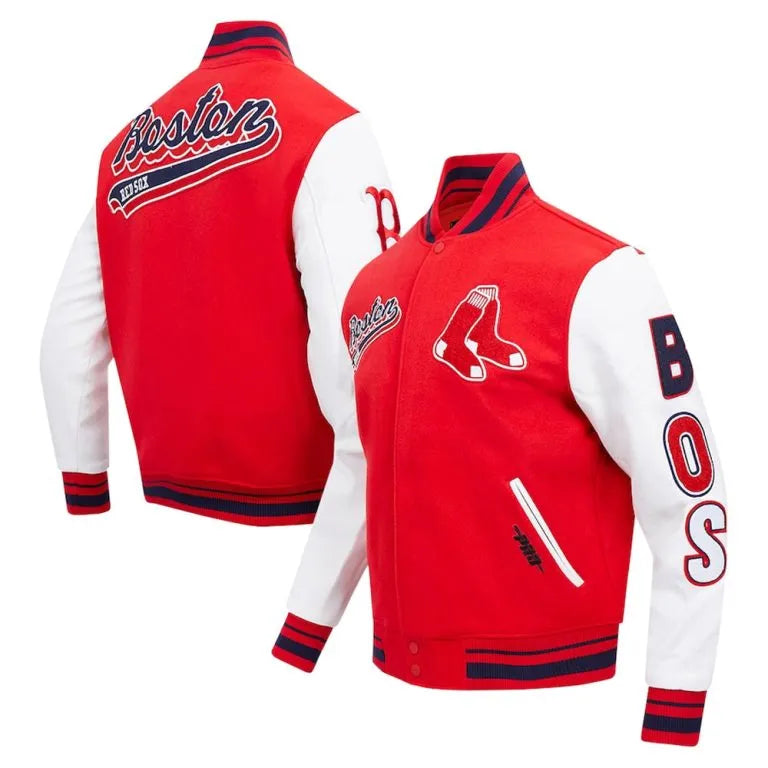 Boston Red Sox Script Tail Varsity Red Wool & White Leather Sleeves Men's Jacket