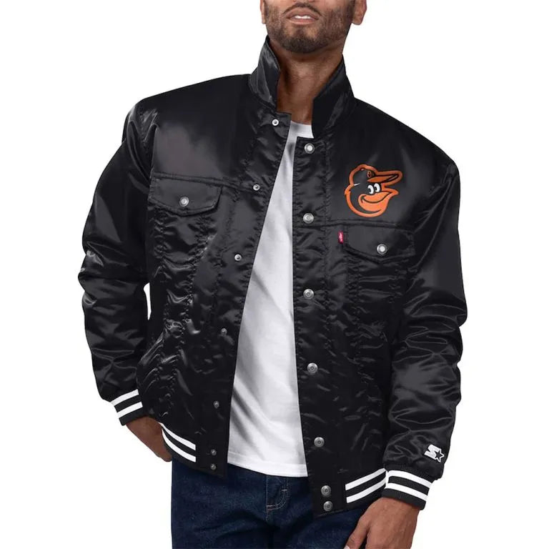 Baltimore Orioles Black Silver Tab Trucker Full-Snap Satin Men's Jacket