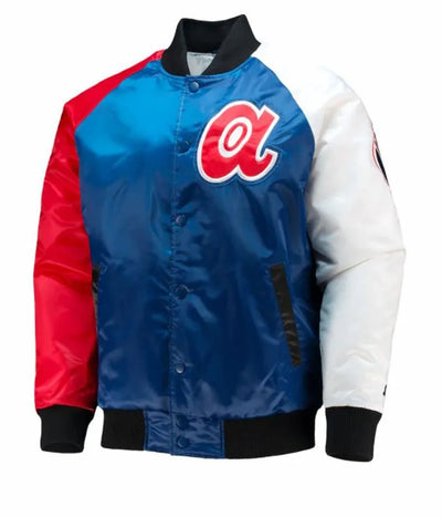 Atlanta Braves Satin Tri-Color Full-Snap Varsity Men's Bomber Jacket