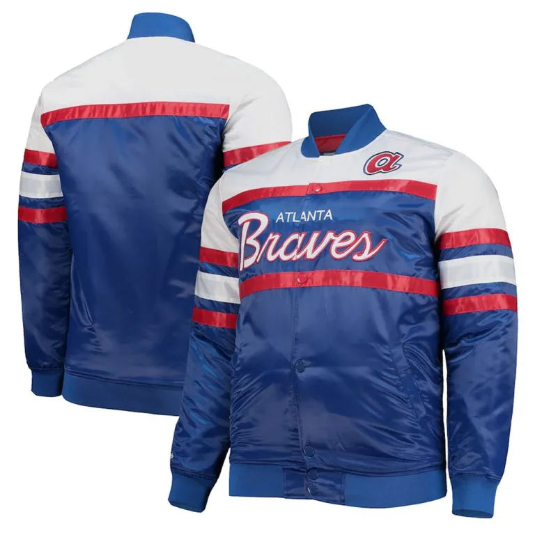 Atlanta Braves Special Script Coaches Blue and White Satin Men's Bomber Jacket