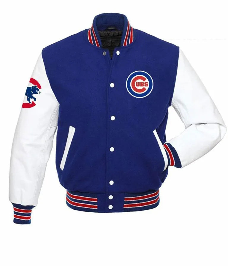 Chicago Cubs Blue Wool & White Leather Sleeves Letterman Varsity Men's Jacket