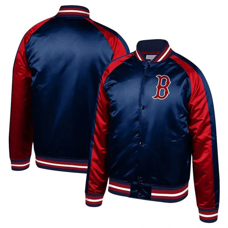 Boston Red Sox Blocked Full-Snap Raglan Navy & Red Satin Men's Bomber Jacket