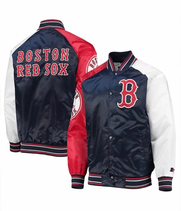 Boston Red Sox Reliever Raglan Navy Blue & Red Full-Snap Men's Bomber Jacket