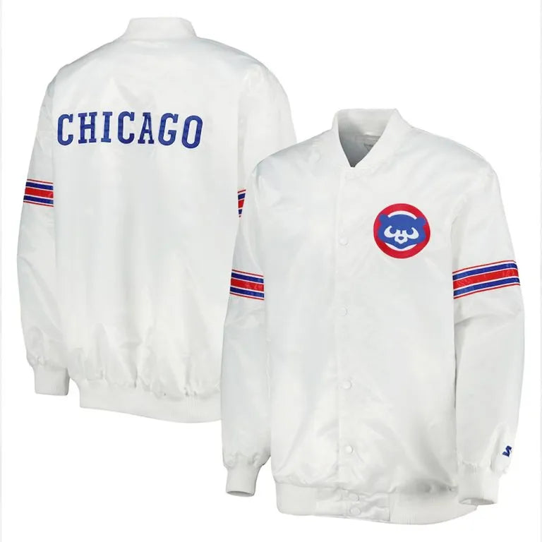 Chicago Cubs Power Forward Full-Snap Varsity White Satin Men's Jacket