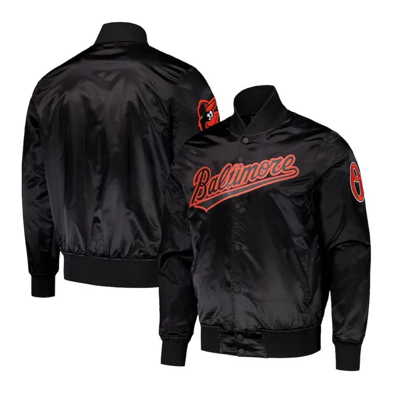 Baltimore Orioles Wordmark Full-Snap Black Satin Men's Bomber Jacket