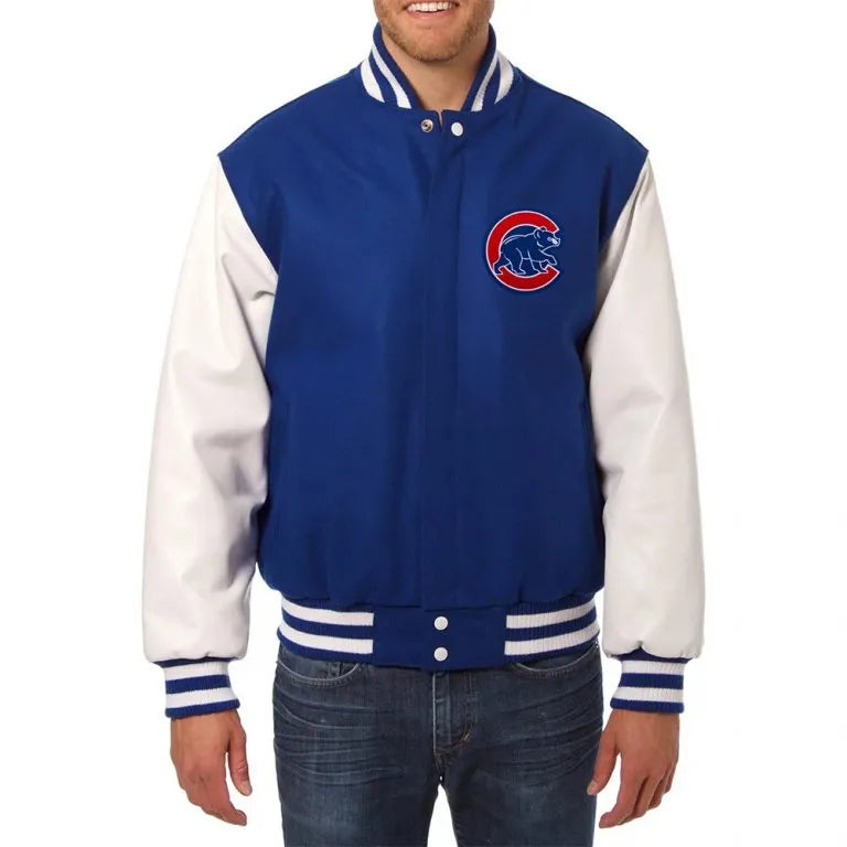 Chicago Cubs Two-Tone Royal Blue Wool & White Leather Sleeves Men's Varsity Jacket