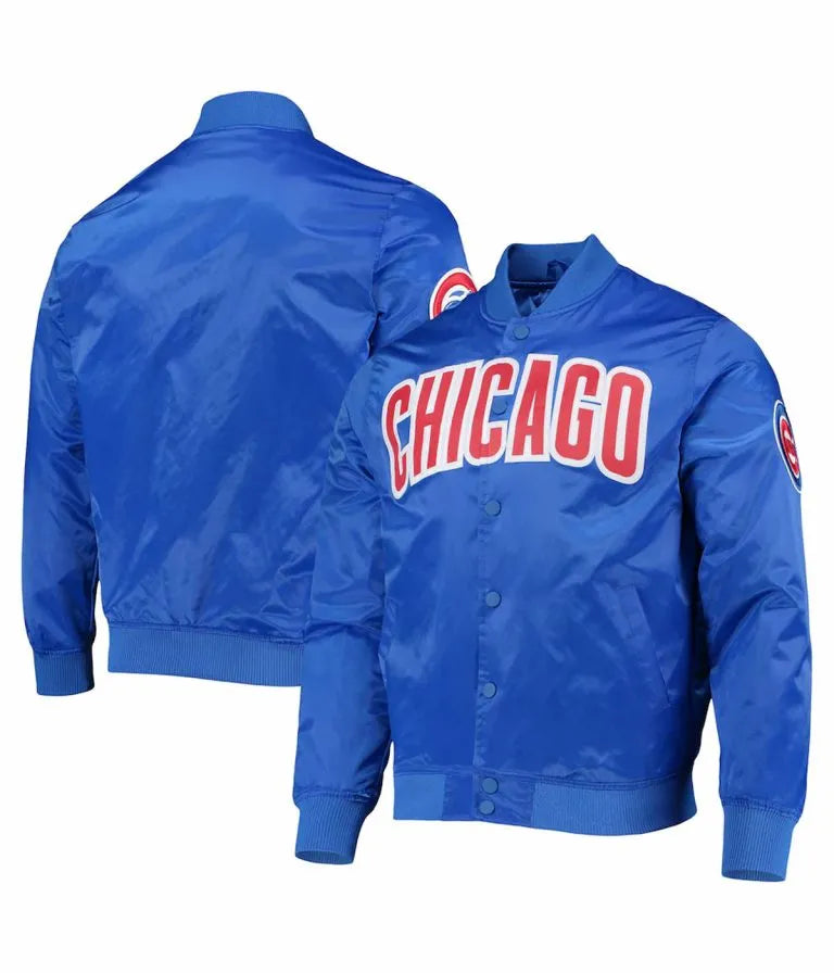 Chicago Cubs Wordmark Full-Snap Bomber Royal Blue Satin Men's Jacket