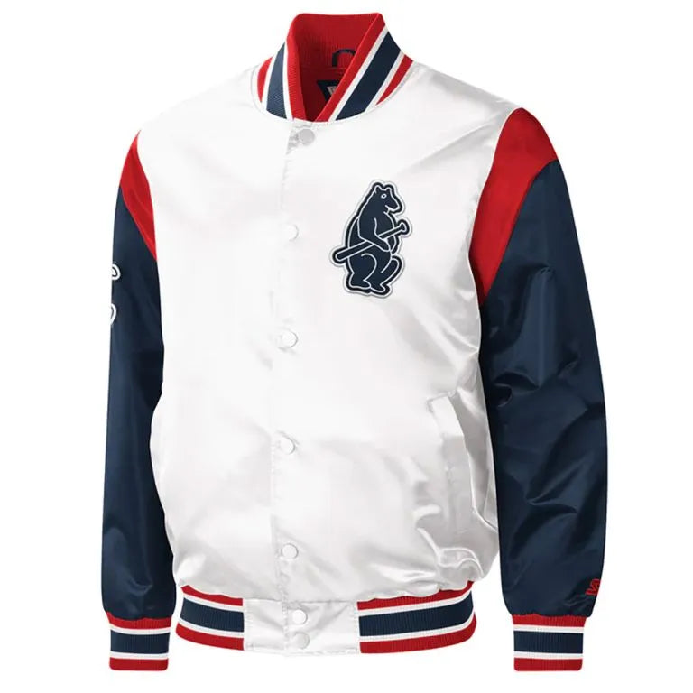 Chicago Cubs Force Play Varsity Full-Snap White & Navy Blue Satin Men's Jacket