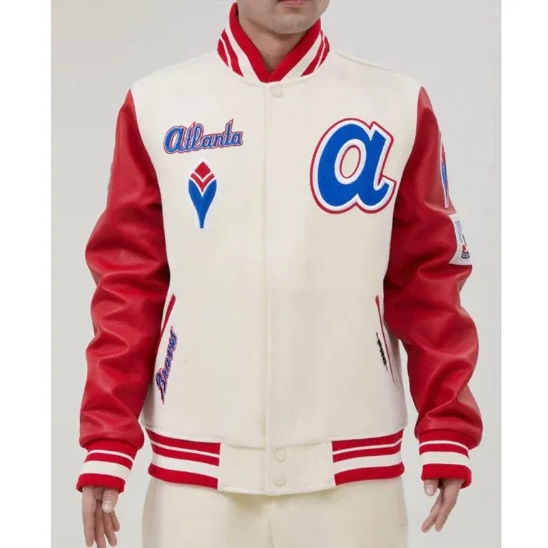 Atlanta Braves Mash Up Off White Wool and Red Leather Sleeves Full-Zip Varsity Men's Jacket