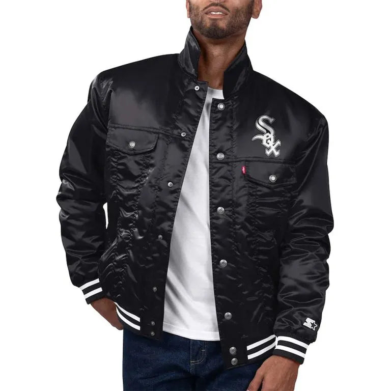 Chicago White Sox Silver Tab Trucker Full-Snap Black Satin Men's Jacket