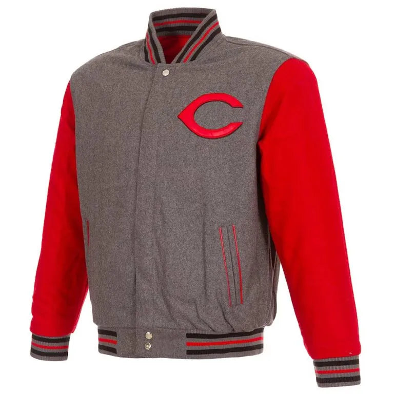 Cincinnati Reds Varsity Gray and Red Wool Full-Snap Men's Jacket
