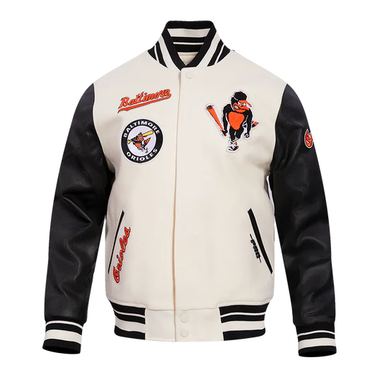 Baltimore Orioles Retro Classic Rib White Wool & Black Leather Sleeves Varsity Men's Jacket