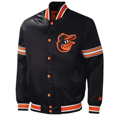 Baltimore Orioles Midfield Full-Snap Varsity Black Satin Men's Bomber Jacket