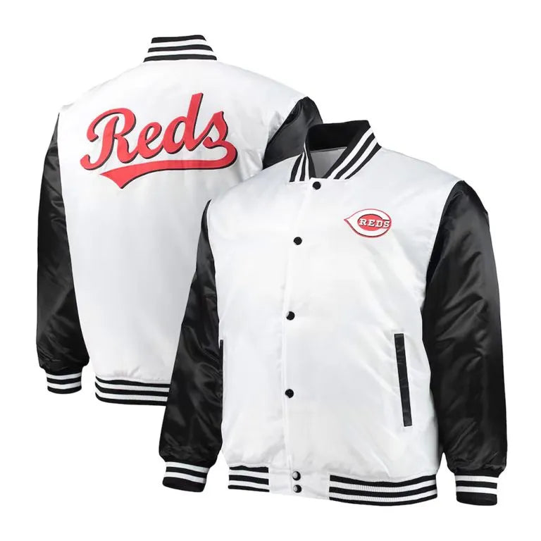 Cincinnati Reds Varsity Full-Snap White/Black Satin Men's Jacket