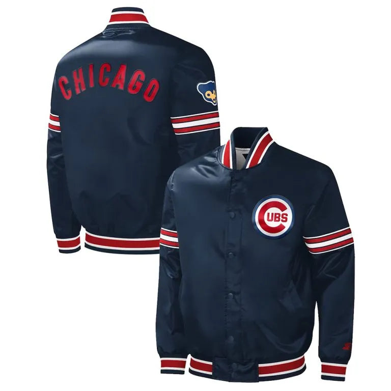 Chicago Cubs Slider Full-Snap Varsity Navy Blue Satin Men's Jacket