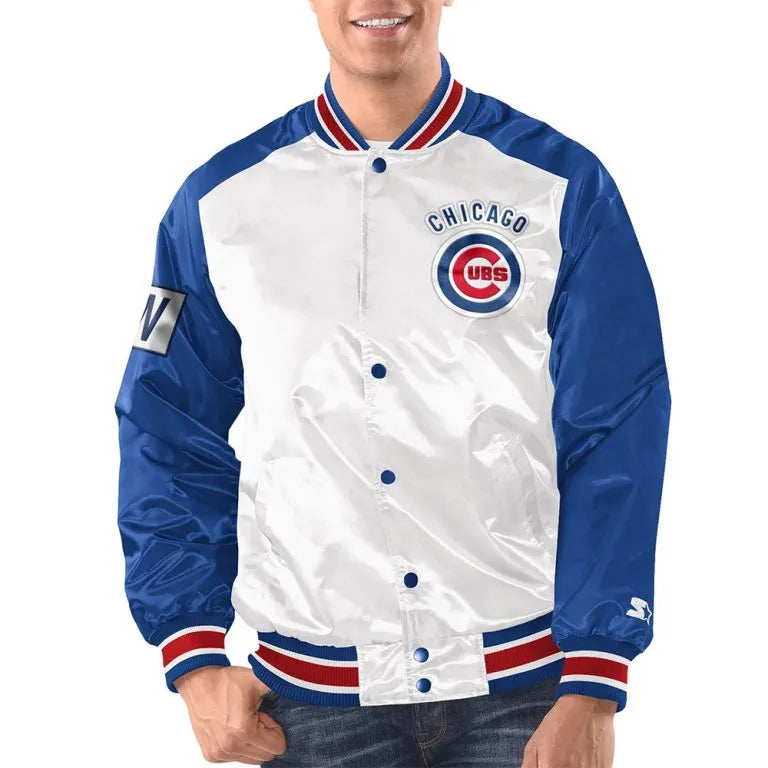 Chicago Cubs Renegade White & Blue Satin Varsity Full-Snap Men's Bomber Jacket