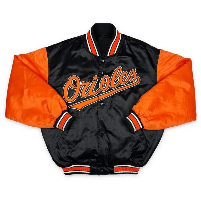 Baltimore Orioles 90s Bomber Black & Orange Full-Snap Satin Men's Jacket