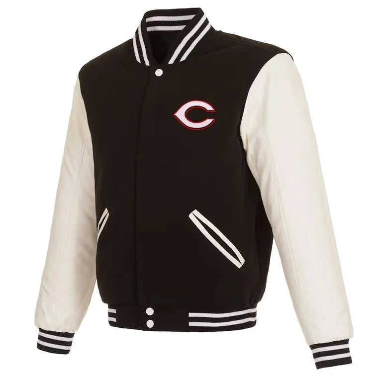 Cincinnati Reds Black Wool White Leather Men's Varsity Jacket