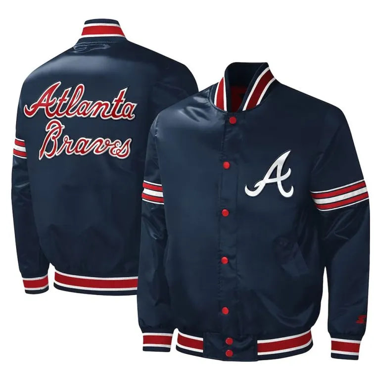 Atlanta Braves Midfield Navy Blue Satin Varsity Men's Bomber Jacket