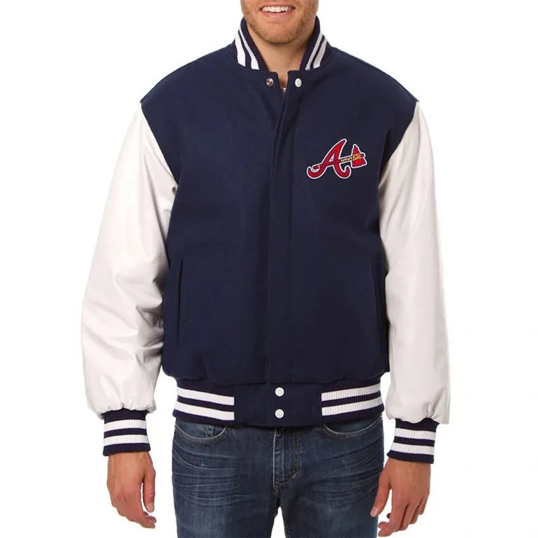 Atlanta Braves Navy Blue Wool and White Leather Sleeves Varsity Men's Jacket