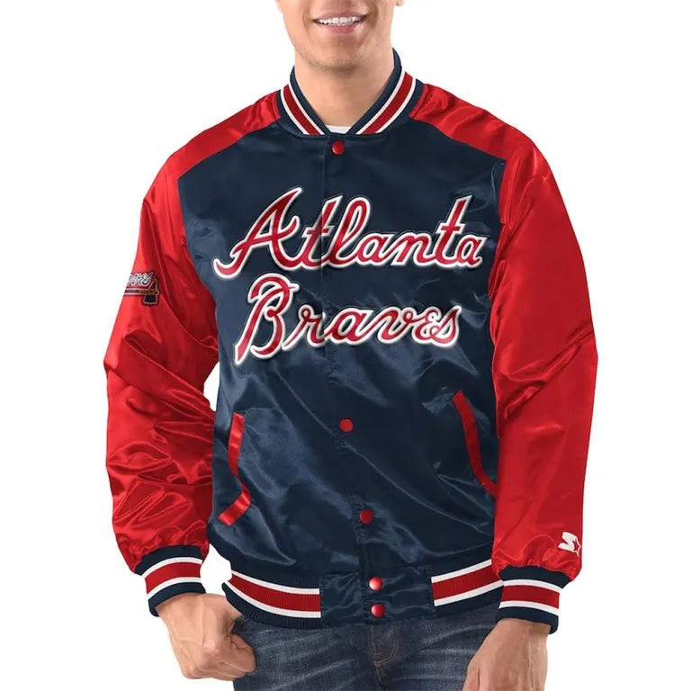 Atlanta Braves Renegade Navy and Red Full-Snap Varsity Men's Satin Bomber Jacket