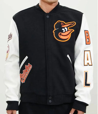 Baltimore Orioles Black Wool and White Leather Sleeves Letterman Varsity Men's Jacket