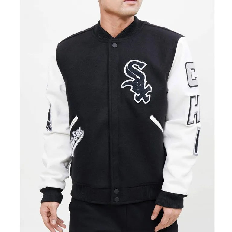 Chicago White Sox Letterman Black Wool & White Leather Sleeves Men's Jacket
