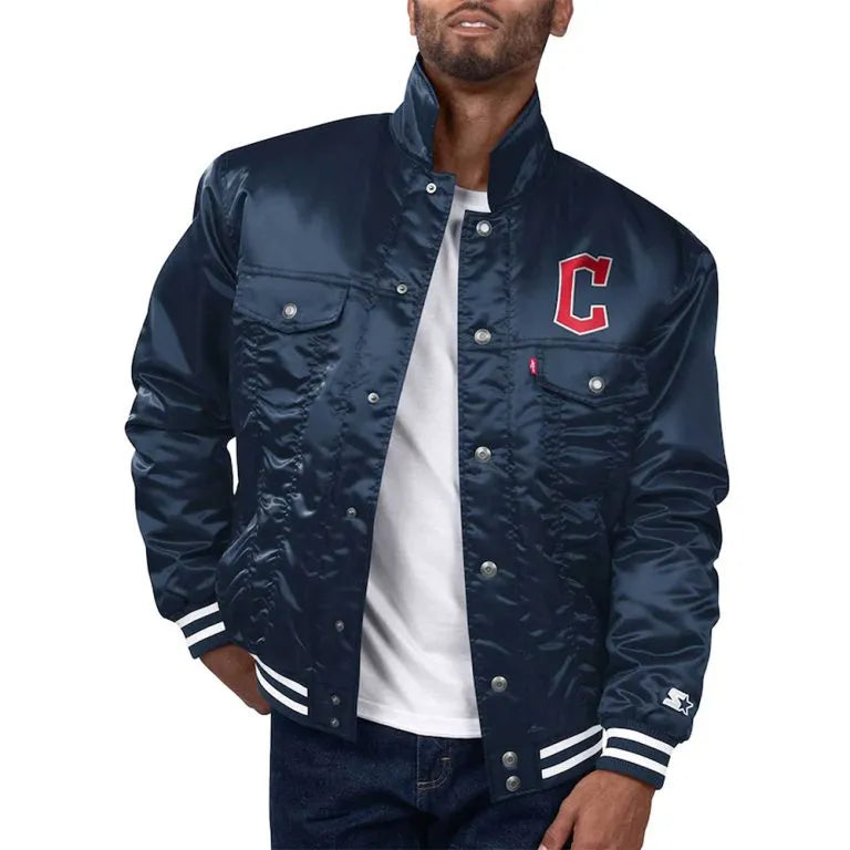 Cleveland Guardians Silver Tab Trucker Full-Snap Navy Blue Satin Men's Jacket