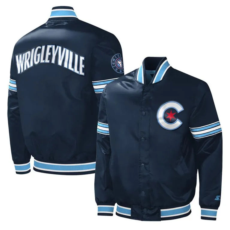 Chicago Cubs City Connect Midfield Full-Snap Varsity Navy Blue Satin Men's  Jacket