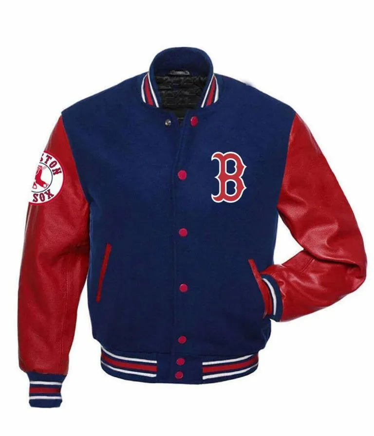 Boston Red Sox Full-Snap Blue Wool & Red Leather Varsity Letterman Men's Jacket