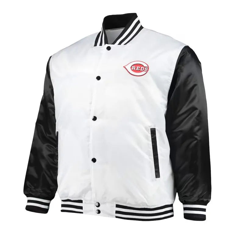 Cincinnati Reds Varsity Full-Snap White/Black Satin Men's Jacket