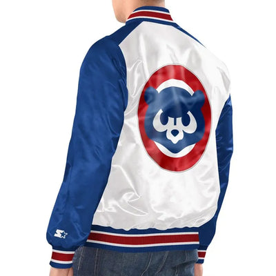 Chicago Cubs Renegade White & Blue Satin Varsity Full-Snap Men's Bomber Jacket