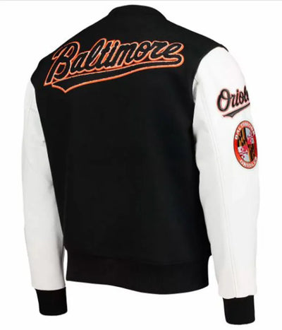 Baltimore Orioles Black Wool and White Leather Sleeves Letterman Varsity Men's Jacket