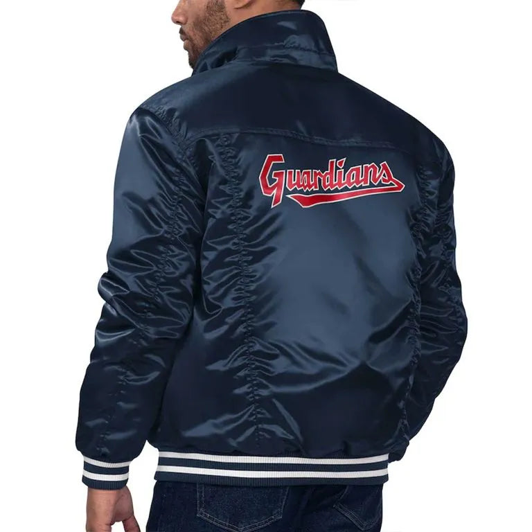 Cleveland Guardians Silver Tab Trucker Full-Snap Navy Blue Satin Men's Jacket