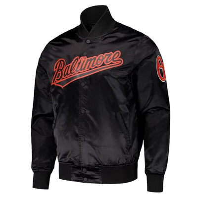 Baltimore Orioles Wordmark Full-Snap Black Satin Men's Bomber Jacket