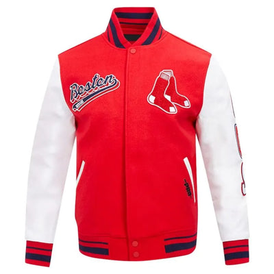 Boston Red Sox Script Tail Varsity Red Wool & White Leather Sleeves Men's Jacket