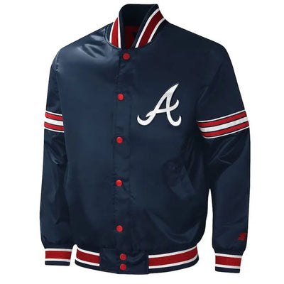 Atlanta Braves Midfield Navy Blue Satin Varsity Men's Bomber Jacket
