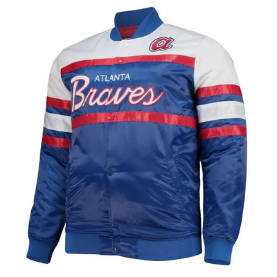 Atlanta Braves Special Script Coaches Blue and White Satin Men's Bomber Jacket