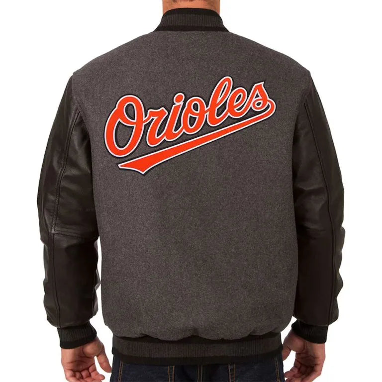 Baltimore Orioles Charcoal Wool & Black Leather Sleeves Varsity Men's Jacket