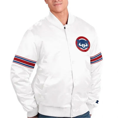 Chicago Cubs Power Forward Full-Snap Varsity White Satin Men's Jacket