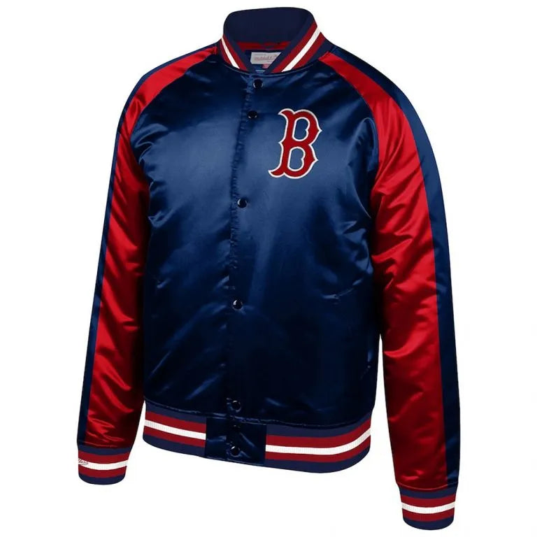 Boston Red Sox Blocked Full-Snap Raglan Navy & Red Satin Men's Bomber Jacket