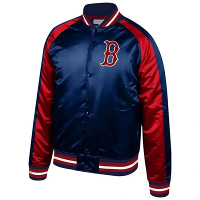 Boston Red Sox Blocked Full-Snap Raglan Navy & Red Satin Men's Bomber Jacket